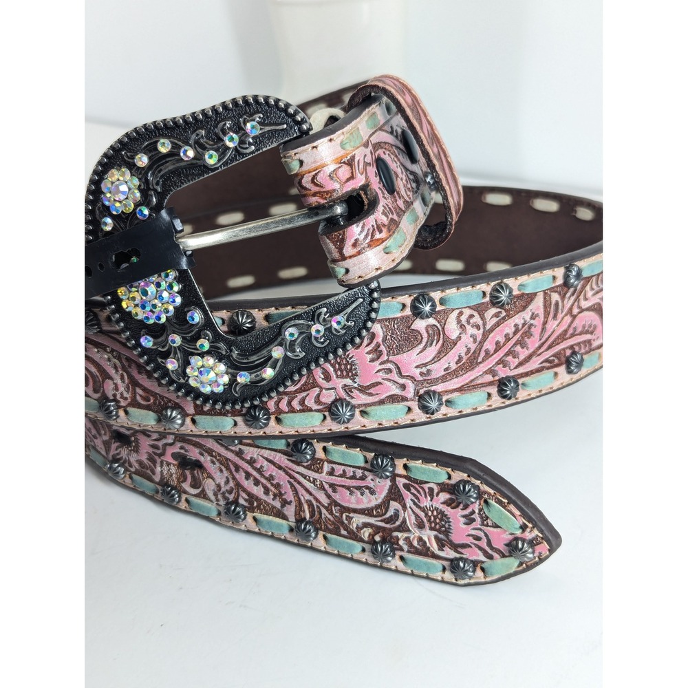 Roper Womens Western Leather Belt Cowgirls Rock Floral Rhinestone Buckle Pink L